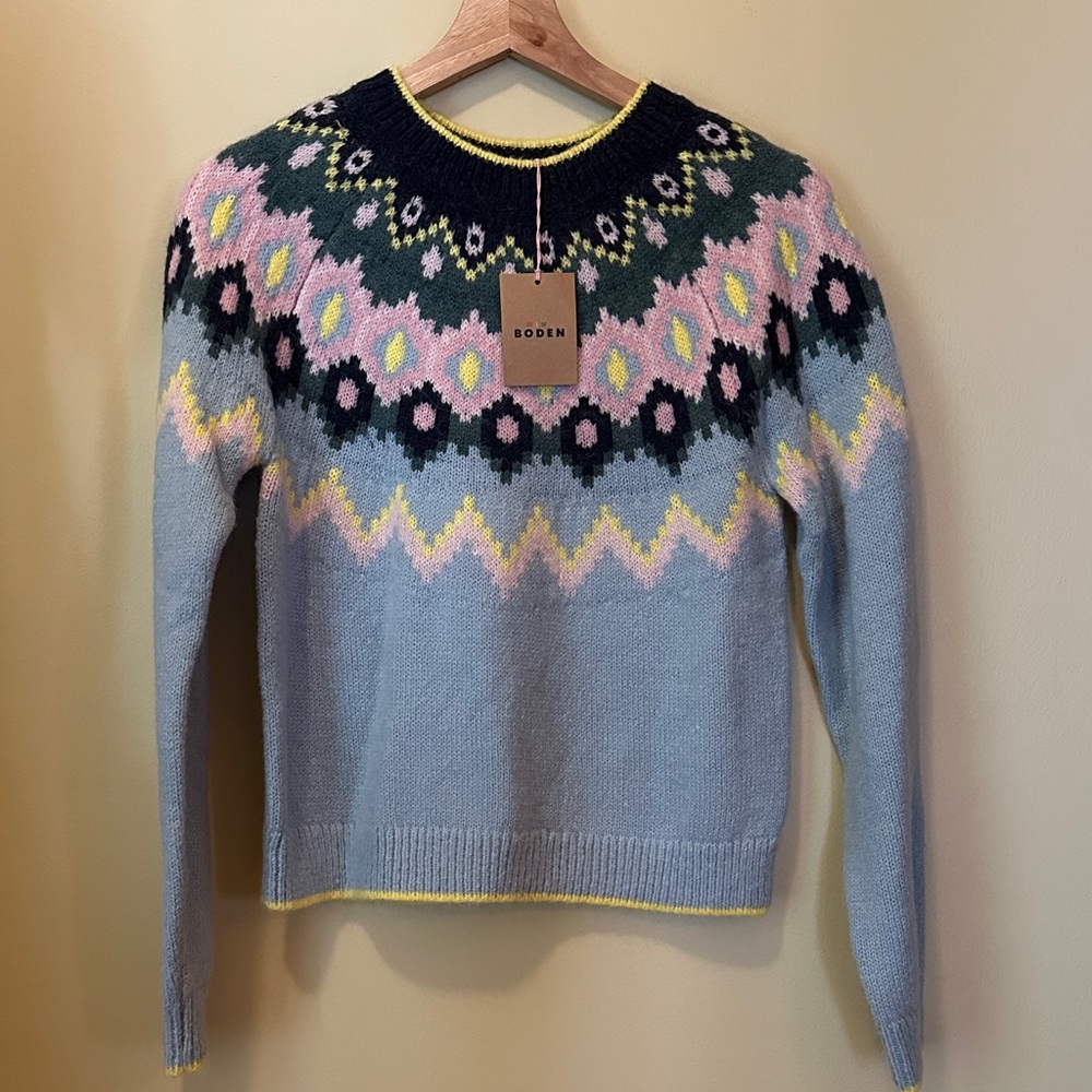 MiniBoden kids Fair Isle Blue and Pink Sweater